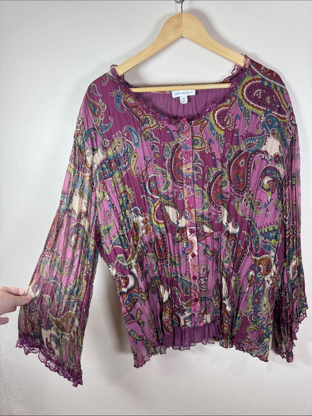 Coldwater Creek Womens Plus Size 3X Paisley Blouse Pleated Flare Sleeve Lace